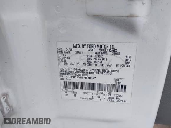 2006 Ford F-150 XLT with VIN 1FTPX14V66FB28657, listed as a IAAI auction lot 43174592 with 93,461 mi miles and . Bid and sale history available at DreamBid. Image 9.