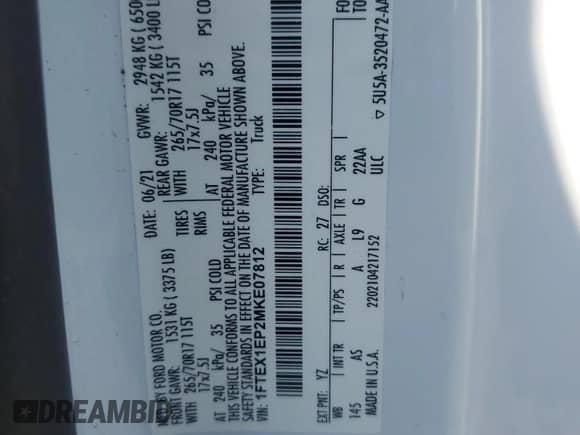 2021 Ford F-150 XL z VIN 1FTEX1EP2MKE07812, wystawiony jako Copart lot #63468535 z przebiegiem 130 653 mil mil oraz Szkoda całkowita • Salvage title. Historia ofert i sprzedaży dostępna na DreamBid. Obrazek 12.