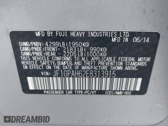 2014 Subaru Impreza Limited with VIN JF1GPAH62E8313915, listed as a IAAI auction lot 41857187 with 146,374 mi miles and . Bid and sale history available at DreamBid. Image 9.