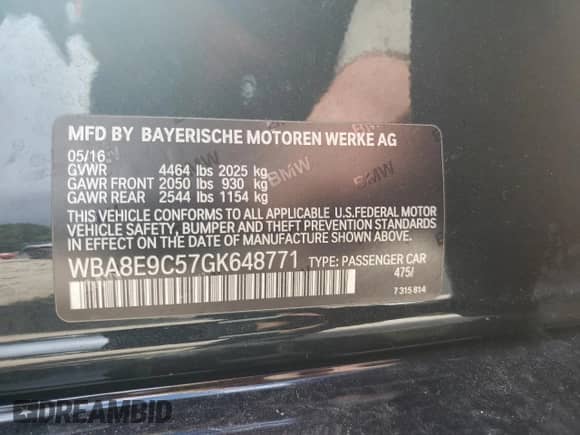2016 BMW 3 Series 328i with VIN WBA8E9C57GK648771, listed as a Copart auction lot 83878295 with 58,829 mi miles and Salvage title. Bid and sale history available at DreamBid. Image 13.