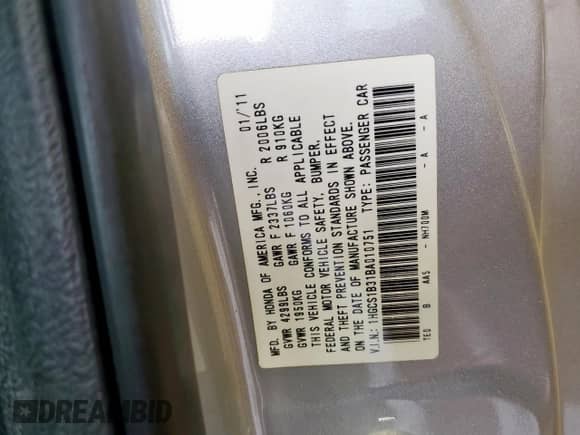 2011 Honda Accord LX-S with VIN 1HGCS1B31BA010751, listed as a Copart auction lot 60549685 with 117,499 mi miles and Salvage title. Bid and sale history available at DreamBid. Image 12.