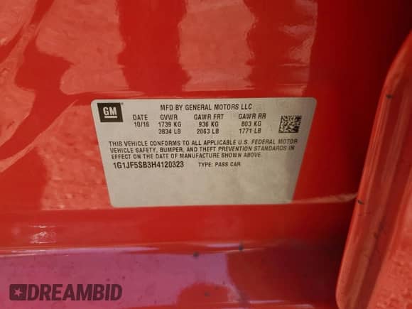 2017 Chevrolet Sonic Premier z VIN 1G1JF5SB3H4120323, wystawiony jako Copart lot #81182005 z przebiegiem 107 834 mil mil oraz Szkoda całkowita • Salvage title. Historia ofert i sprzedaży dostępna na DreamBid. Obrazek 12.