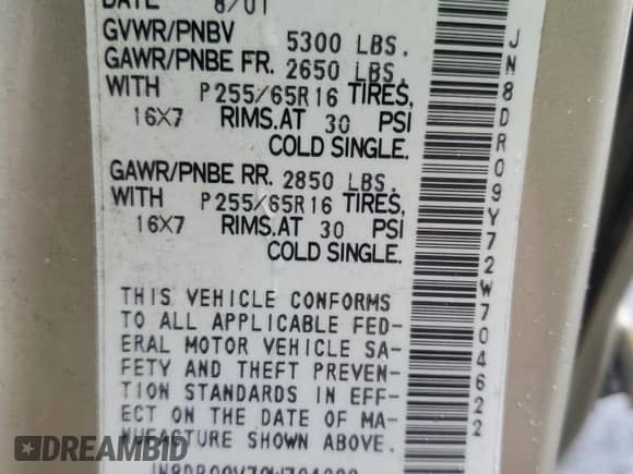 2002 Nissan Pathfinder SE with VIN JN8DR09Y72W704622, listed as a Copart auction lot 67056785 with 162,122 mi miles and Salvage title. Bid and sale history available at DreamBid. Image 13.