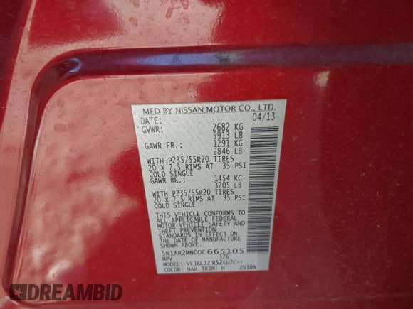 2013 Nissan Pathfinder SL with VIN 5N1AR2MN0DC665105, listed as a IAAI auction lot 41331282 with 184,155 mi miles and . Bid and sale history available at DreamBid. Image 9.