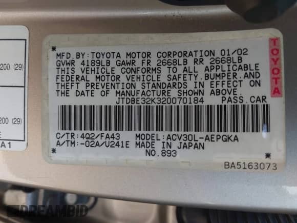 2002 Toyota Camry LE с VIN JTDBE32K320070184, выставлен на аукционе IAAI как лот 42404821 с пробегом 252 580 миль миль и . История ставок и продаж доступна на DreamBid. Изображение 9.