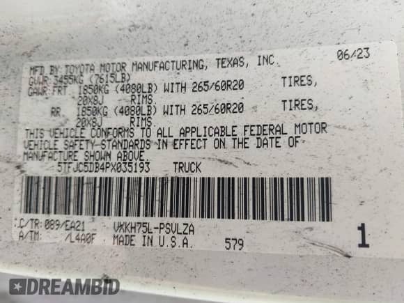 2023 Toyota Tundra Limited Hybrid z VIN 5TFJC5DB4PX035193, wystawiony jako IAAI lot #42884646 z przebiegiem Nie podano mil oraz . Historia ofert i sprzedaży dostępna na DreamBid. Obrazek 9.