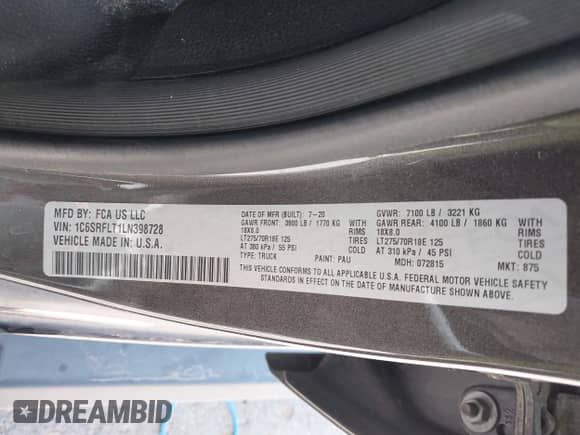 2020 Ram 1500 Rebel with VIN 1C6SRFLT1LN398728, listed as a IAAI auction lot 42526369 with 85,040 mi miles and . Bid and sale history available at DreamBid. Image 9.