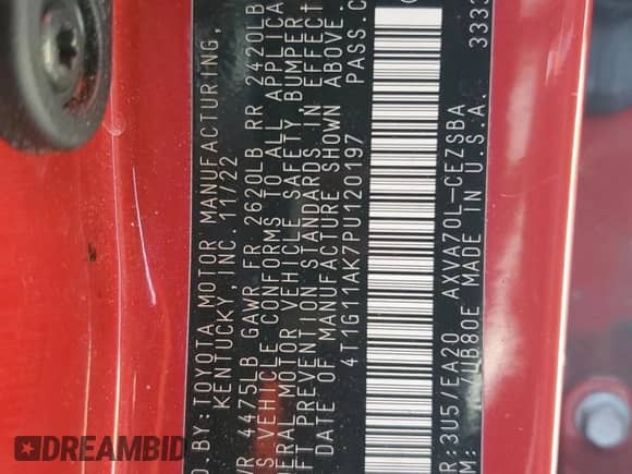 2023 Toyota Camry SE z VIN 4T1G11AK7PU120197, wystawiony jako Copart lot #69823055 z przebiegiem 55 573 mil mil oraz Szkoda całkowita • Salvage title. Historia ofert i sprzedaży dostępna na DreamBid. Obrazek 13.