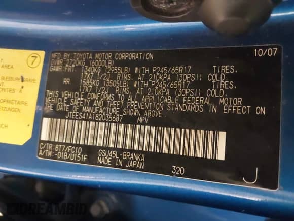 2008 Toyota Highlander z VIN JTEES41A182035687, wystawiony jako IAAI lot #43385079 z przebiegiem 228 168 mil mil oraz . Historia ofert i sprzedaży dostępna na DreamBid. Obrazek 9.