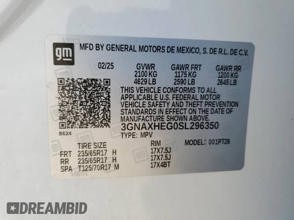2025 Chevrolet Equinox FWD LT с VIN 3GNAXHEG0SL296350, выставлен на аукционе Copart как лот 71053135 с пробегом 1 692 миль миль и Списание • Salvage title. История ставок и продаж доступна на DreamBid. Изображение 13.