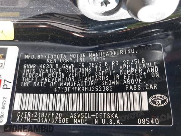 2017 Toyota Camry SE with VIN 4T1BF1FK9HU352385, listed as a IAAI auction lot 43276869 with 151,830 mi miles and . Bid and sale history available at DreamBid. Image 9.