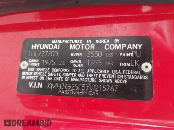 2000 Hyundai Tiburon с VIN KMHJG25F5YU215267, выставлен на аукционе IAAI как лот 42322522 с пробегом 162 683 миль миль и . История ставок и продаж доступна на DreamBid. Изображение 9.