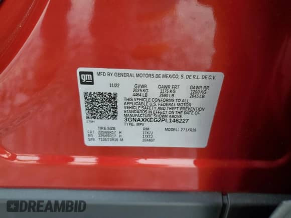 2023 Chevrolet Equinox LT with VIN 3GNAXKEG2PL146227, listed as a Copart auction lot 71805775 with 23,424 mi miles and Salvage title. Bid and sale history available at DreamBid. Image 13.