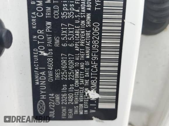 2015 Hyundai Tucson GLS z VIN KM8JTCAF9FU982060, wystawiony jako Copart lot #81547695 z przebiegiem 125 880 mil mil oraz Szkoda całkowita • Salvage title. Historia ofert i sprzedaży dostępna na DreamBid. Obrazek 12.