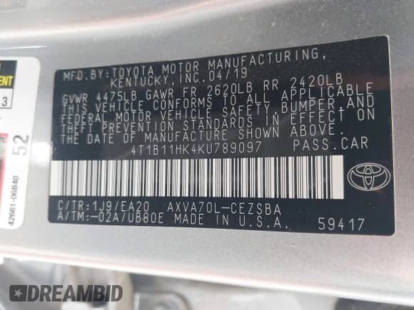 2019 Toyota Camry SE z VIN 4T1B11HK4KU789097, wystawiony jako IAAI lot #43165828 z przebiegiem 70 181 mil mil oraz . Historia ofert i sprzedaży dostępna na DreamBid. Obrazek 9.