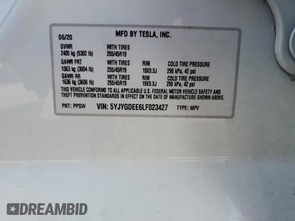 2020 Tesla Model Y Long Range с VIN 5YJYGDEE6LF023427, выставлен на аукционе Copart как лот 81877945 с пробегом 52 307 миль миль и Списание • Salvage title. История ставок и продаж доступна на DreamBid. Изображение 14.