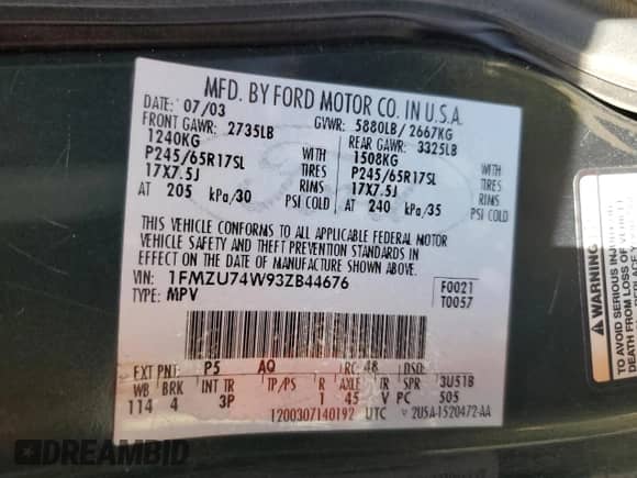 2003 Ford Explorer Eddie Bauer with VIN 1FMZU74W93ZB44676, listed as a Copart auction lot 51858275 with Not provided miles and Salvage title. Bid and sale history available at DreamBid. Image 14.