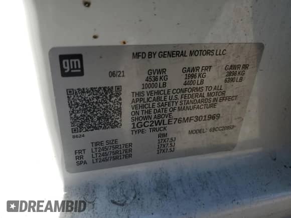 2021 Chevrolet Silverado 2500HD Work Truck with VIN 1GC2WLE76MF301969, listed as a Copart auction lot 88481805 with 94,352 mi miles and Salvage title. Bid and sale history available at DreamBid. Image 12.
