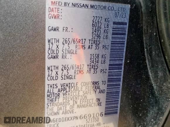 2023 Nissan Frontier Pro-4X with VIN 1N6ED1EKXPN669106, listed as a Copart auction lot 70160965 with 14,875 mi miles and Salvage title. Bid and sale history available at DreamBid. Image 13.
