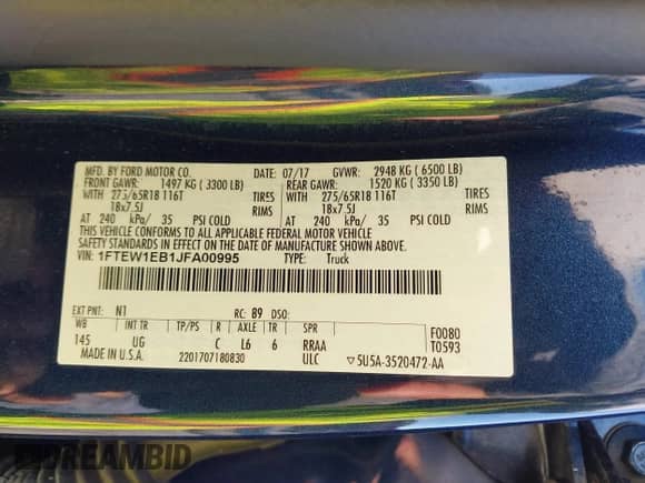 2018 Ford F-150 XL z VIN 1FTEW1EB1JFA00995, wystawiony jako IAAI lot #43190468 z przebiegiem 103 881 mil mil oraz . Historia ofert i sprzedaży dostępna na DreamBid. Obrazek 9.