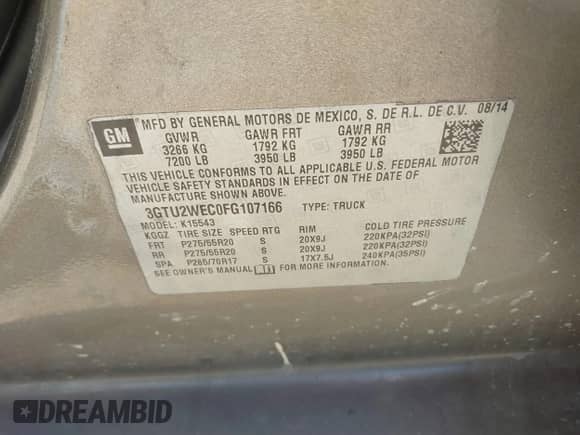 2015 GMC Sierra 1500 Denali with VIN 3GTU2WEC0FG107166, listed as a IAAI auction lot 43572747 with 159,189 mi miles and . Bid and sale history available at DreamBid. Image 9.