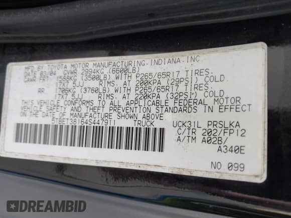 2004 Toyota Tundra Limited с VIN 5TBET38164S447911, выставлен на аукционе IAAI как лот 43489728 с пробегом 299 679 миль миль и . История ставок и продаж доступна на DreamBid. Изображение 9.