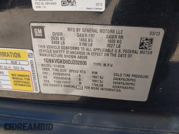 2013 Chevrolet Traverse LT с VIN 1GNKVGKD8DJ202806, выставлен на аукционе IAAI как лот 42688638 с пробегом 145 273 миль миль и . История ставок и продаж доступна на DreamBid. Изображение 9.