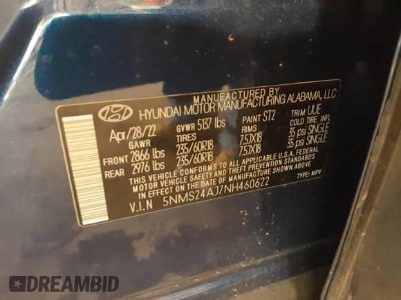 2022 Hyundai Santa Fe SEL with VIN 5NMS24AJ7NH460622, listed as a Copart auction lot 70004862 with 18,627 mi miles and . Bid and sale history available at DreamBid. Image 13.