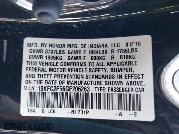 2016 Honda Civic LX z VIN 19XFC2F56GE206263, wystawiony jako IAAI lot #43353331 z przebiegiem 181 521 mil mil oraz . Historia ofert i sprzedaży dostępna na DreamBid. Obrazek 9.