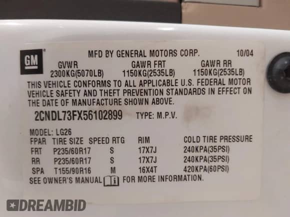 2005 Chevrolet Equinox LT с VIN 2CNDL73FX56102899, выставлен на аукционе IAAI как лот 43398601 с пробегом 159 355 миль миль и . История ставок и продаж доступна на DreamBid. Изображение 9.