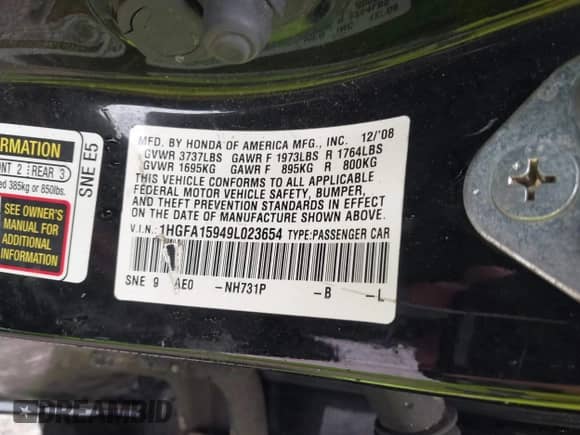 2009 Honda Civic with VIN 1HGFA15949L023654, listed as a IAAI auction lot 42351171 with 251,036 mi miles and . Bid and sale history available at DreamBid. Image 9.