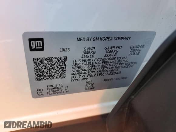2024 Chevrolet Trax LS с VIN KL77LFE21RC142840, выставлен на аукционе Copart как лот 83787284 с пробегом Не указан миль и Списание • Salvage title. История ставок и продаж доступна на DreamBid. Изображение 13.