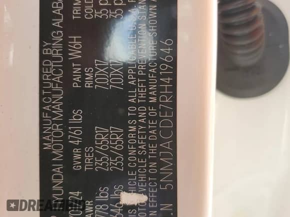 2024 Hyundai Tucson SE with VIN 5NMJACDE7RH419646, listed as a Copart auction lot 66102515 with Not provided miles and Salvage title. Bid and sale history available at DreamBid. Image 13.