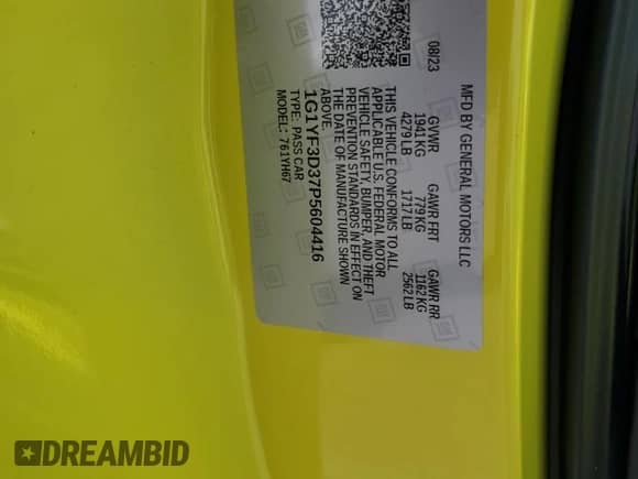 2023 Chevrolet Corvette 3LZ с VIN 1G1YF3D37P5604416, выставлен на аукционе Copart как лот 55941395 с пробегом 6 750 миль миль и Списание • Salvage title. История ставок и продаж доступна на DreamBid. Изображение 12.