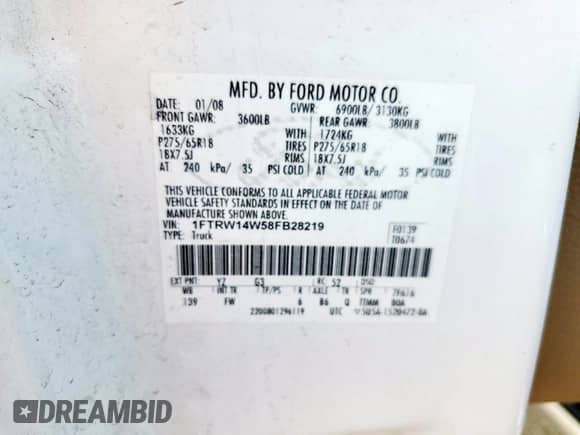 2008 Ford F-150 XL с VIN 1FTRW14W58FB28219, выставлен на аукционе Copart как лот 81858255 с пробегом 291 433 миль миль и Списание • Salvage title. История ставок и продаж доступна на DreamBid. Изображение 12.