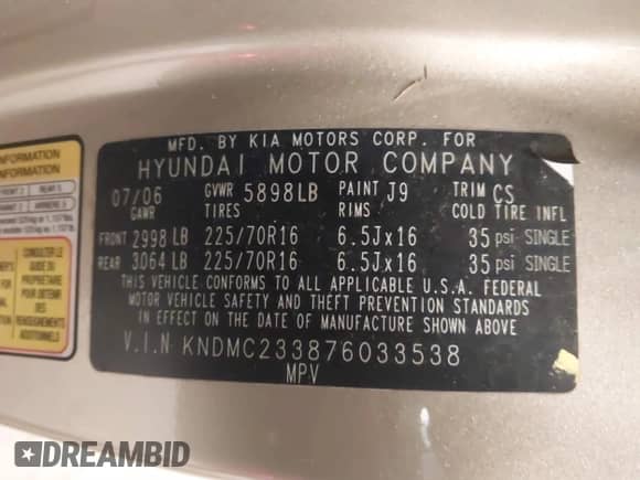 2007 Hyundai Entourage GLS с VIN KNDMC233876033538, выставлен на аукционе IAAI как лот 41424673 с пробегом 149 337 миль миль и . История ставок и продаж доступна на DreamBid. Изображение 9.