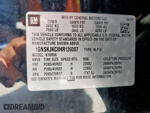 2017 Chevrolet Suburban Premier с VIN 1GNSKJKC8HR139307, выставлен на аукционе Copart как лот 70510165 с пробегом 168 632 миль миль и Чистый • Clean title. История ставок и продаж доступна на DreamBid. Изображение 13.