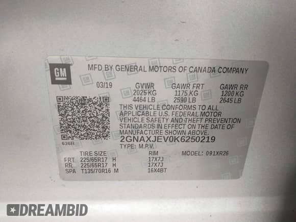 2019 Chevrolet Equinox LT with VIN 2GNAXJEV0K6250219, listed as a IAAI auction lot 43298459 with 201,925 mi miles and . Bid and sale history available at DreamBid. Image 9.