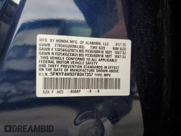 2015 Honda Pilot Touring z VIN 5FNYF4H92FB047357, wystawiony jako Copart lot #80491915 z przebiegiem 131 896 mil mil oraz Szkoda całkowita • Salvage title. Historia ofert i sprzedaży dostępna na DreamBid. Obrazek 13.