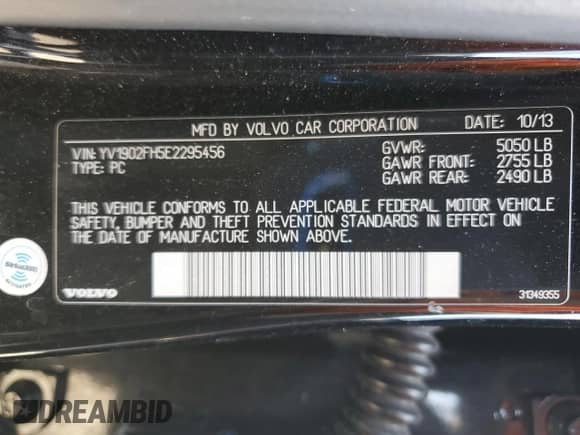 2014 Volvo S60 T6 with VIN YV1902FH5E2295456, listed as a Copart auction lot 51630745 with 151,408 mi miles and Salvage title. Bid and sale history available at DreamBid. Image 12.