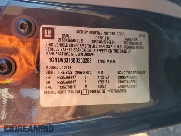 2008 Chevrolet Uplander 1LT с VIN 1GNDV33138D203288, выставлен на аукционе Copart как лот 85389845 с пробегом 157 185 миль миль и Чистый • Clean title. История ставок и продаж доступна на DreamBid. Изображение 13.