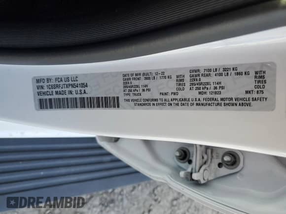 2023 Ram 1500 Laramie с VIN 1C6SRFJTXPN541054, выставлен на аукционе Copart как лот 86494405 с пробегом 53 575 миль миль и Чистый • Clean title. История ставок и продаж доступна на DreamBid. Изображение 12.