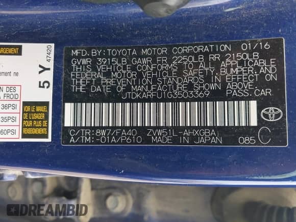 2016 Toyota Prius Four z VIN JTDKARFU1G3503369, wystawiony jako IAAI lot #42777852 z przebiegiem 127 440 mil mil oraz . Historia ofert i sprzedaży dostępna na DreamBid. Obrazek 9.