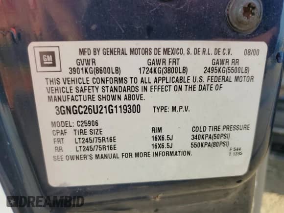 2001 Chevrolet Suburban LT with VIN 3GNGC26U21G119300, listed as a Copart auction lot 68131044 with 147,430 mi miles and Salvage title. Bid and sale history available at DreamBid. Image 15.