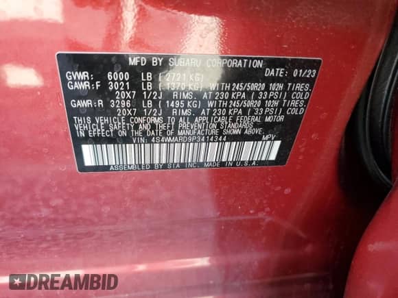 2023 Subaru Ascent Limited with VIN 4S4WMARD9P3414344, listed as a Copart auction lot 54435035 with 24,432 mi miles and Salvage title. Bid and sale history available at DreamBid. Image 13.