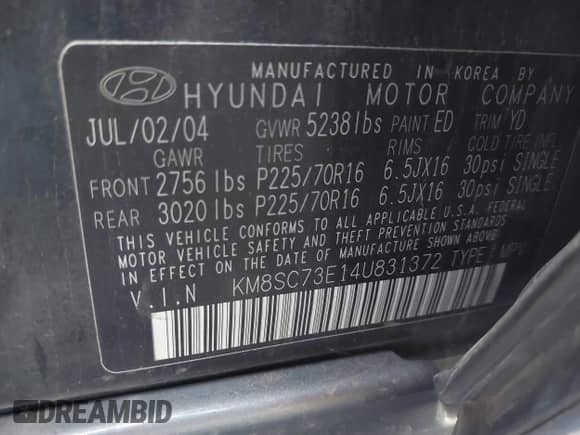 2004 Hyundai Santa Fe GLS z VIN KM8SC73E14U831372, wystawiony jako IAAI lot #42297078 z przebiegiem 100 691 mil mil oraz . Historia ofert i sprzedaży dostępna na DreamBid. Obrazek 9.