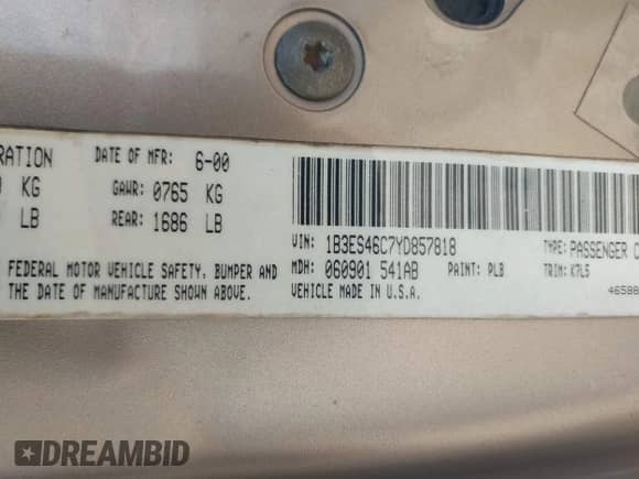 2000 Dodge Neon Highline z VIN 1B3ES46C7YD857818, wystawiony jako IAAI lot #43011751 z przebiegiem 198 792 mil mil oraz . Historia ofert i sprzedaży dostępna na DreamBid. Obrazek 9.