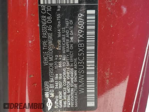 2011 MINI Hardtop with VIN WMWSU3C5XBTX96079, listed as a Copart auction lot 60990665 with 108,263 mi miles and Clean title. Bid and sale history available at DreamBid. Image 12.