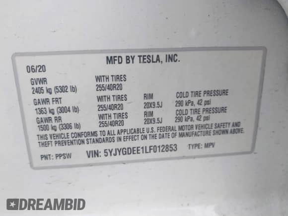 2020 Tesla Model Y Long Range with VIN 5YJYGDEE1LF012853, listed as a IAAI auction lot 42289499 with 99,236 mi miles and . Bid and sale history available at DreamBid. Image 9.