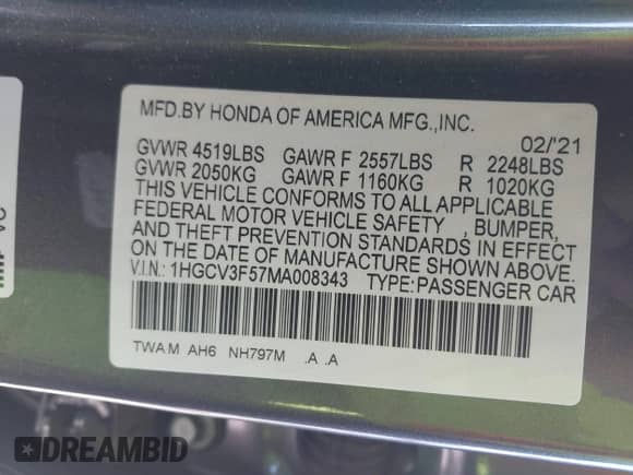 2021 Honda Accord EX-L with VIN 1HGCV3F57MA008343, listed as a IAAI auction lot 42338320 with 53,197 mi miles and . Bid and sale history available at DreamBid. Image 9.